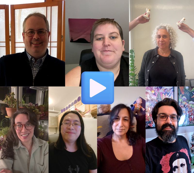 A collage of stills from videos featuring participants in the generation ship project - clockwise from top left, they are Kevin Mullins, Erin Lerch, Sari Boren, Jake Scaltreto, Elizabeth Salazar, Michael Lin, and Melissa de Jesus.